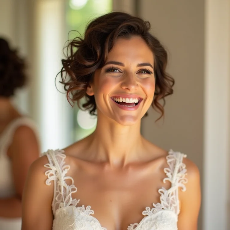 Noiva radiante usando um fascinator moderno durante os preparativos do casamento.