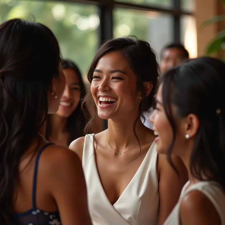 Noiva rindo com seus irmãos na festa de casamento