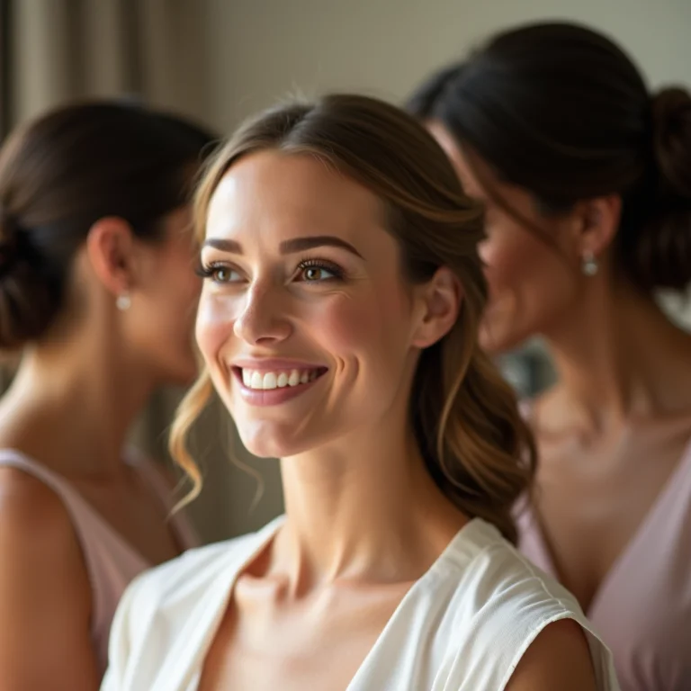Noiva se maquiando cercada por suas madrinhas
