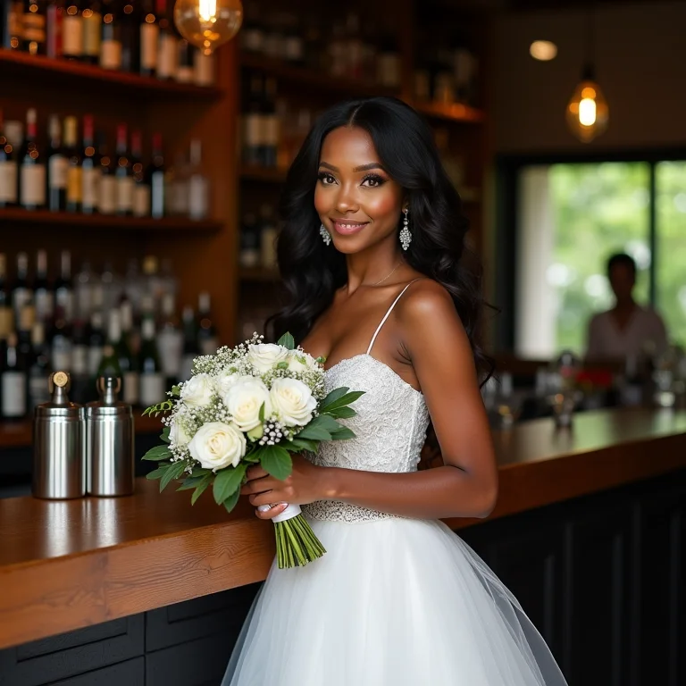 Noiva segurando buquê ao lado de open bar de casamento brasileiro