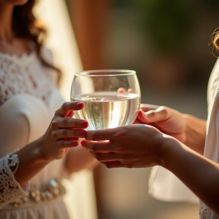 Noiva segurando um copo de água durante cerimônia.