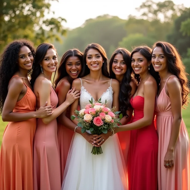 Noiva sorrindo com madrinhas segurando um buquê de braçada em uma fazenda brasileira ensolarada