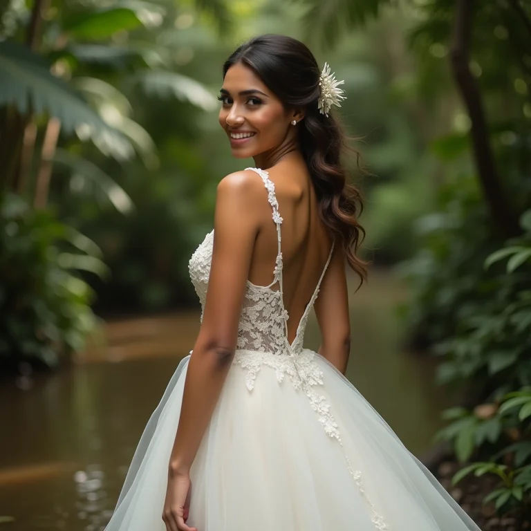 Noiva sorrindo usando vestido de noiva leve na Amazônia