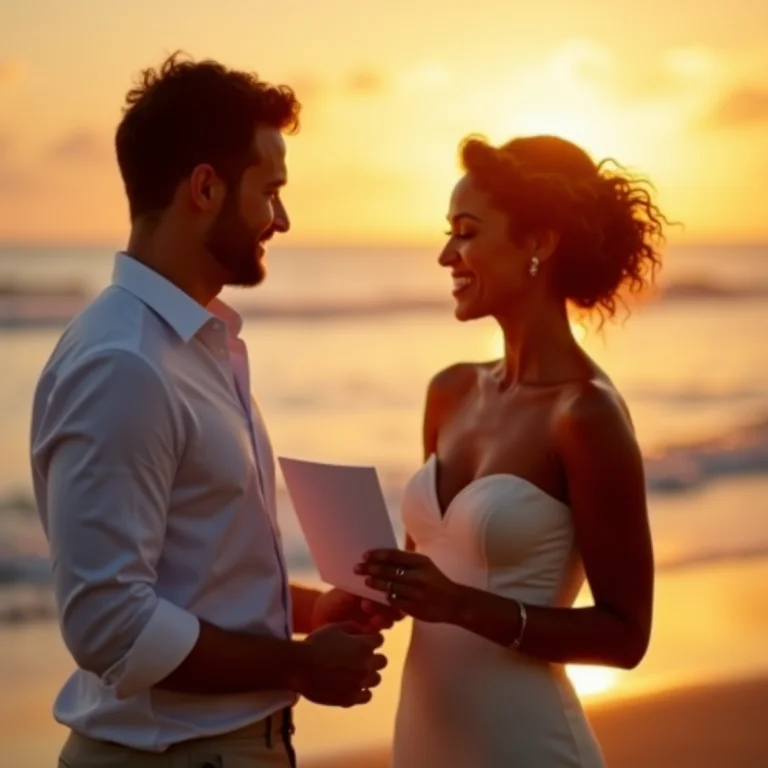 Noiva surpreendendo o noivo com uma carta emocionante durante o first look na praia ao pôr do sol.