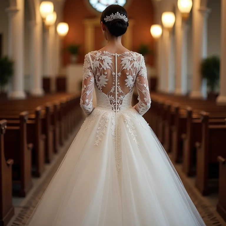 Noiva usando um vestido de noiva de manga comprida em uma igreja colonial brasileira.