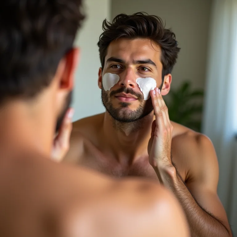Noivo aplicando creme para acne em frente ao espelho