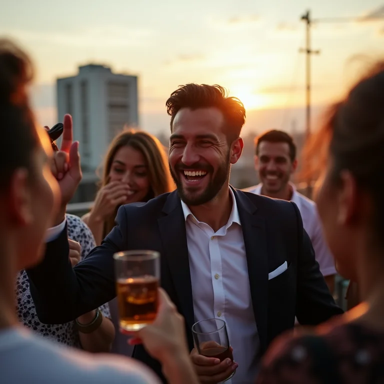 Noivo comemorando com seus colegas de trabalho na festa de casamento