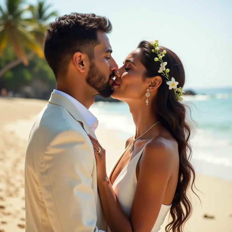 Noivo de linho e noiva com vestido minimalista em casamento na praia.