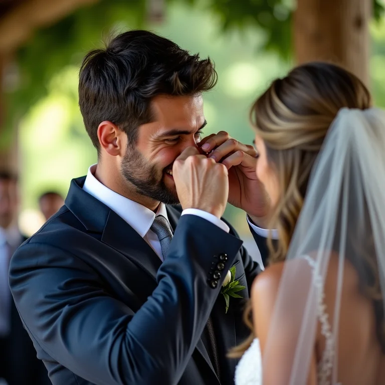 Noivo emocionado durante cerimônia de casamento ao ar livre no Sul