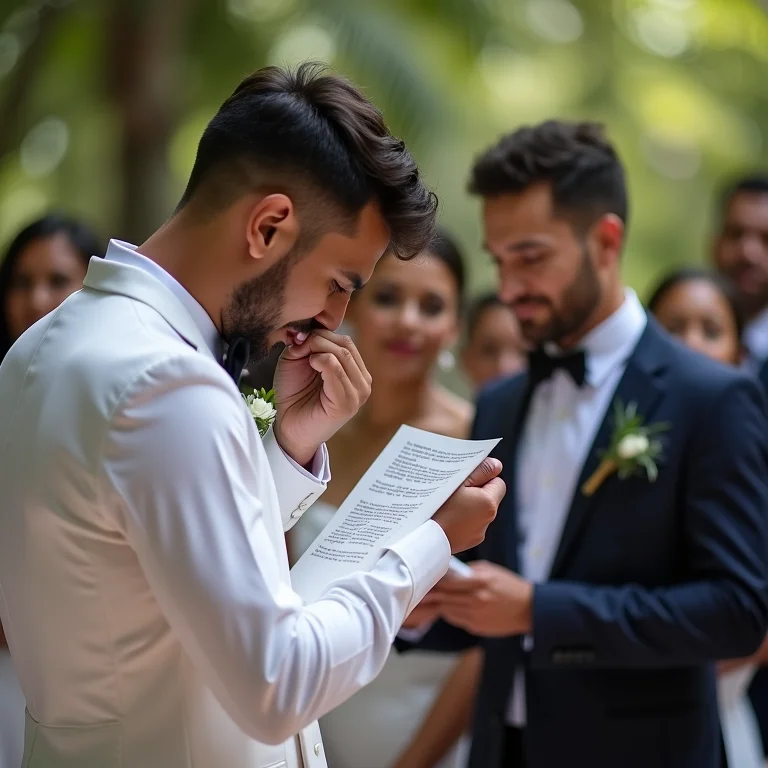 Noivo emocionado lendo carta da noiva no altar