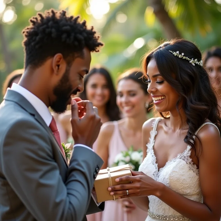 Noivo emocionado recebendo presente personalizado em casamento na Bahia.