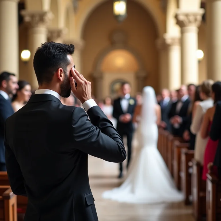 Noivo emocionado vendo a noiva entrar na igreja