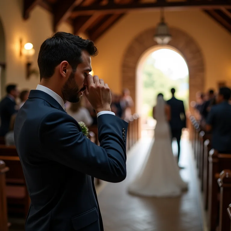 Noivo emocionado vendo a noiva entrar na igreja.