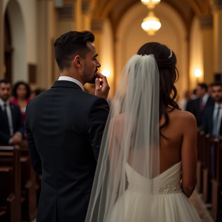 Noivo emocionado vendo a noiva entrar na igreja
