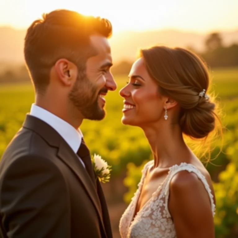 Noivo emocionado vendo a noiva pela primeira vez em vinícola ensolarada no Brasil.