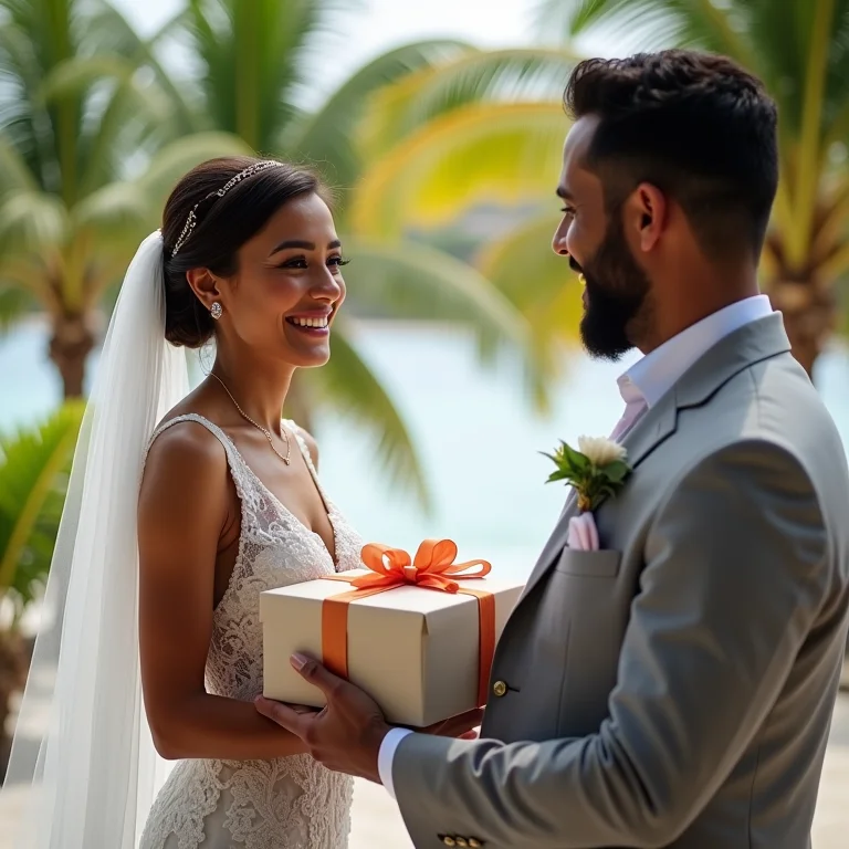 Noivo entregando presente para a noiva com um sorriso
