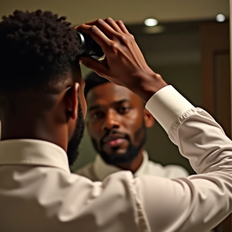 Noivo negro aplicando produto para cabelo.