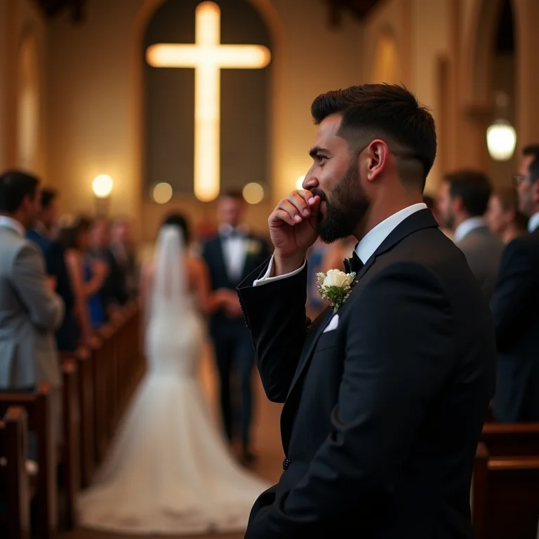 Noivo se emociona ao ver a noiva caminhando até o altar.