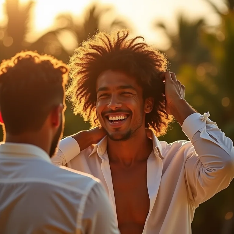 Noivo sorrindo enquanto o padrinho aplica condicionador no cabelo.