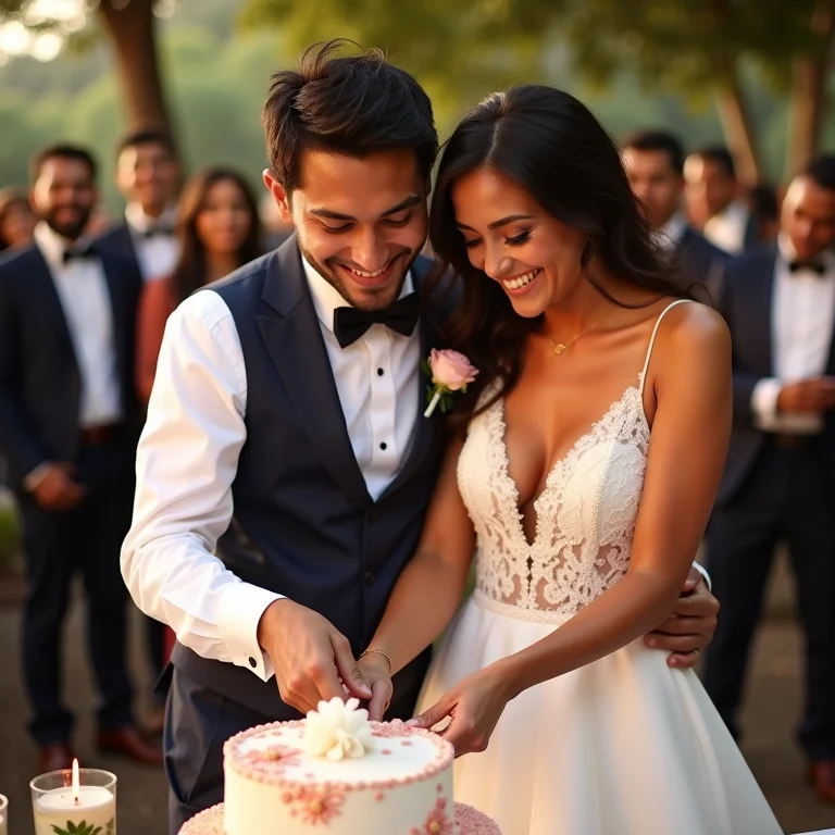 Noivos brasileiros cortando o bolo de casamento decorado em rose gold