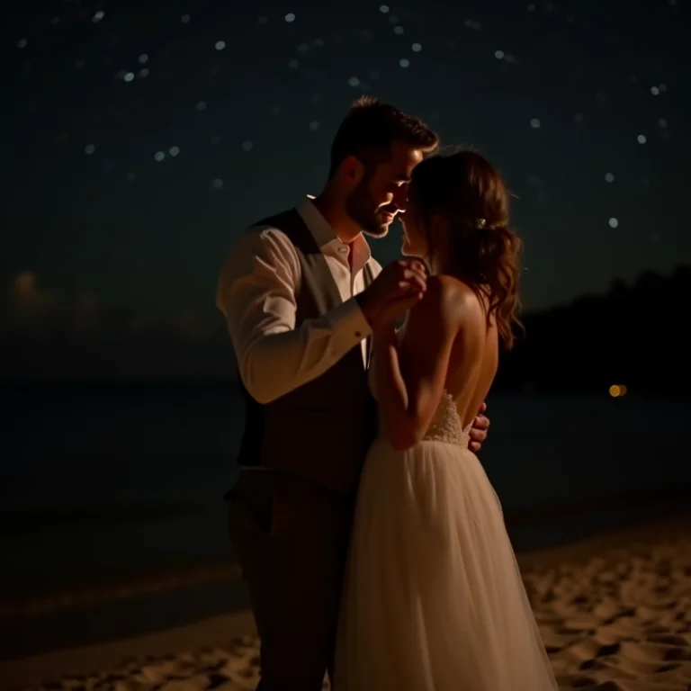 Noivos dançando a primeira dança em um casamento na praia.