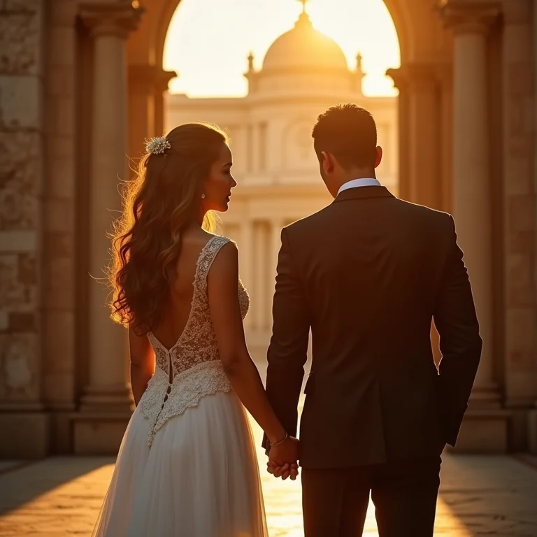 Noivos de mãos dadas em frente a uma igreja histórica