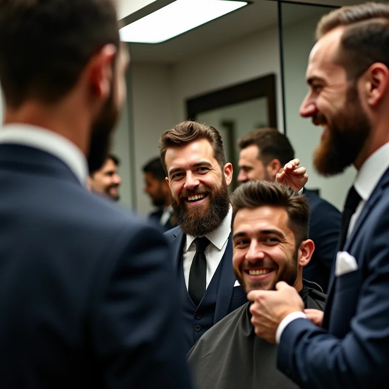 Noivos e padrinhos em barbearia antes do casamento.