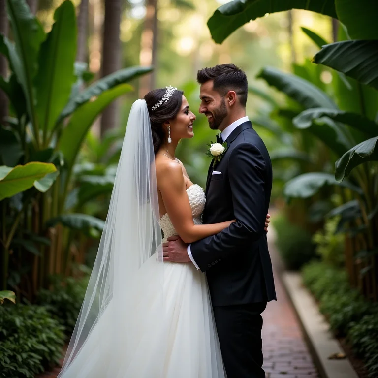 Noivos em jardim tropical durante o First Look