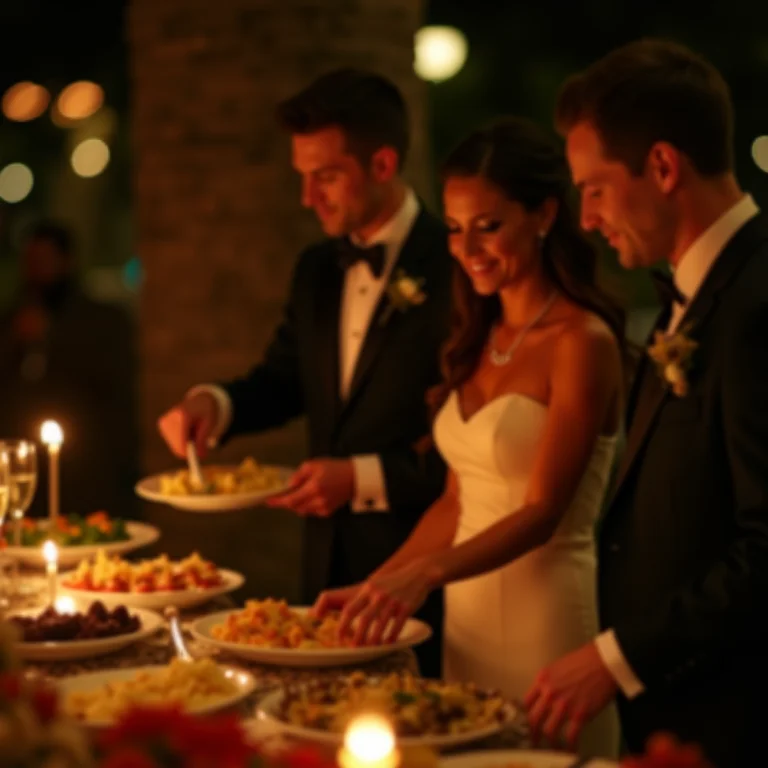 Noivos escolhendo lanches da madrugada em buffet de casamento