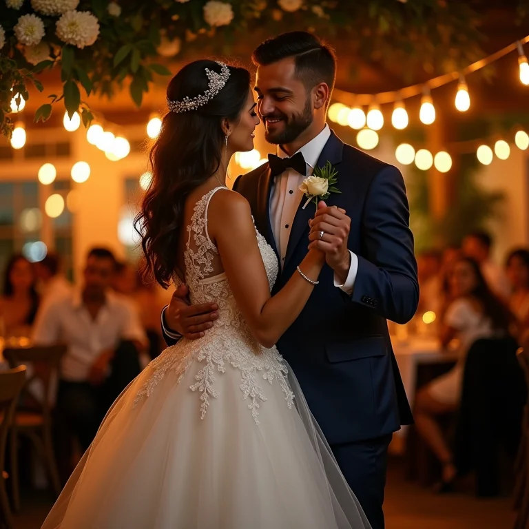 Noivos na primeira dança em restaurante elegante em Moeda, MG.