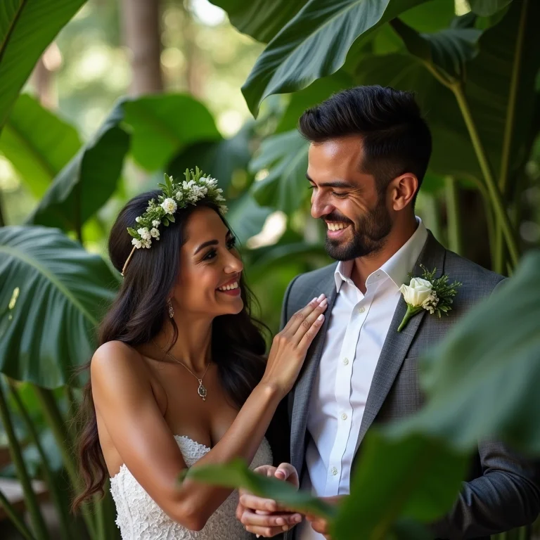 Noivos planejando orçamento de decoração com costela de adão.