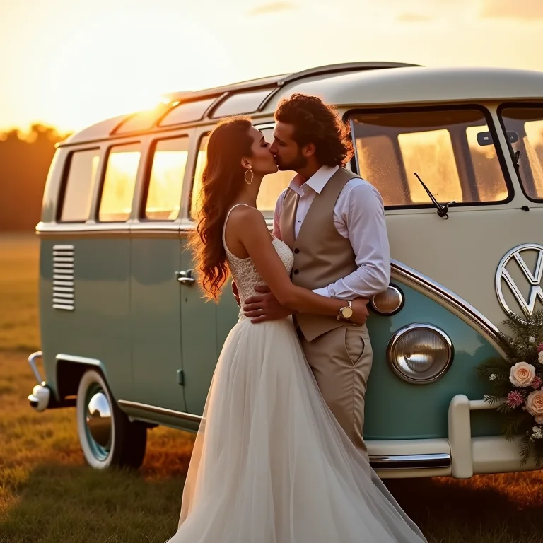 Noivos posando com Kombi florida em cenário rural brasileiro