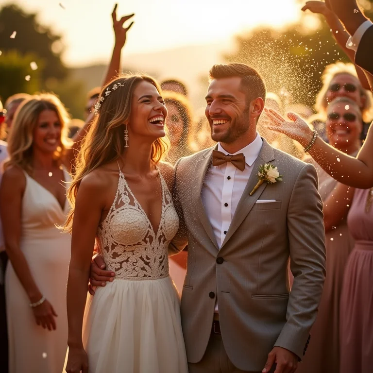 Noivos rindo enquanto são cobertos de arroz e confete