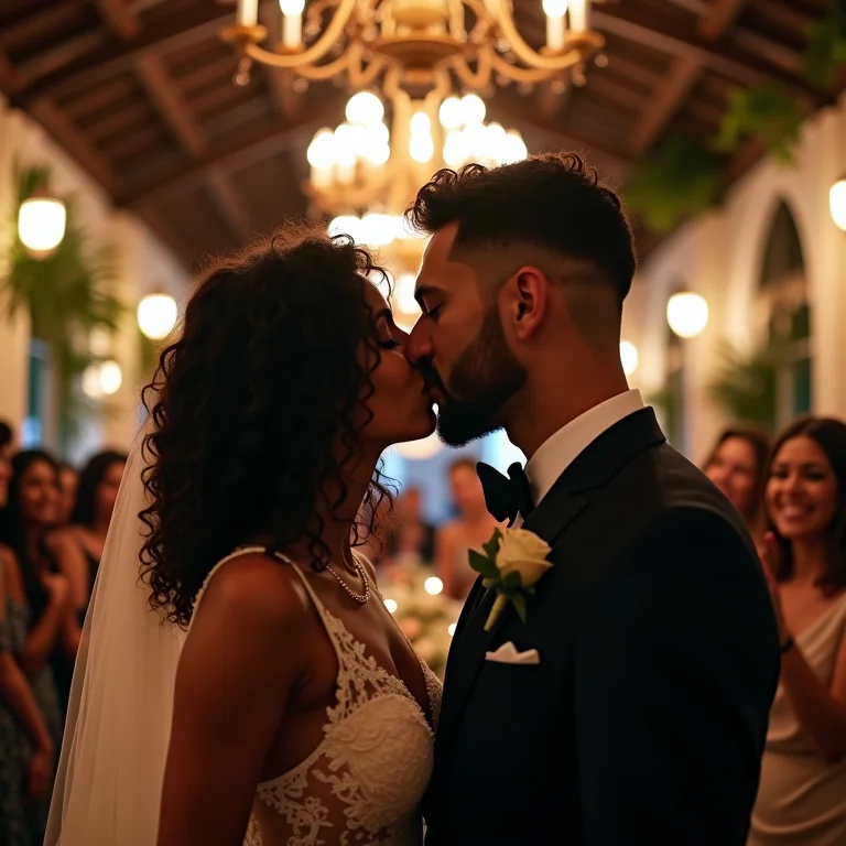Noivos se beijando sob lustre de ferro envelhecido com velas em casamento rústico