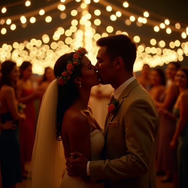 Noivos se beijando sob luzes cintilantes em Santana do Riacho.