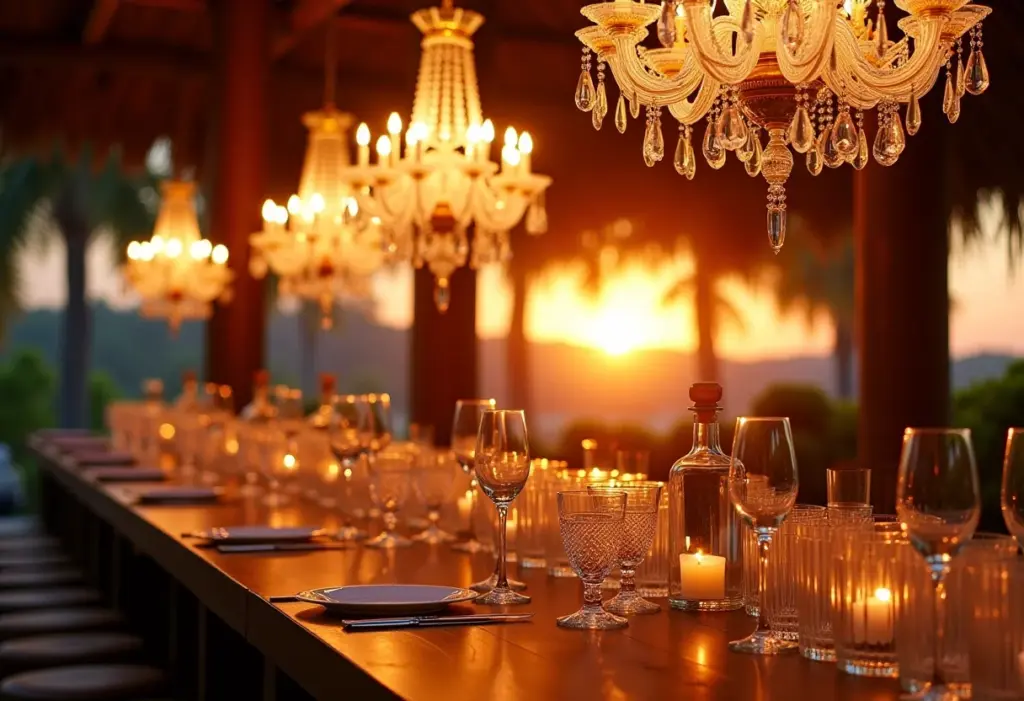 Open bar de casamento decorado com lustres de cristal em fazenda brasileira