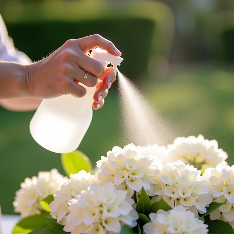 Organizador de casamento borrifando água em arranjo de hortênsias para mantê-las frescas em casamento ao ar livre no Brasil.