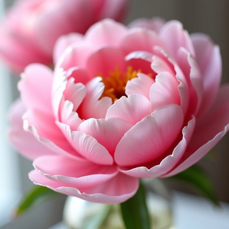Pétalas de peônias em um vaso com água, demonstrando armazenamento adequado.