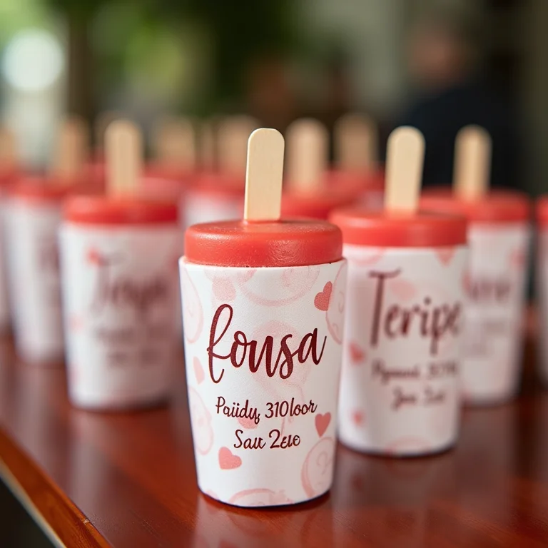 Picolés personalizados com nomes dos noivos e data do casamento