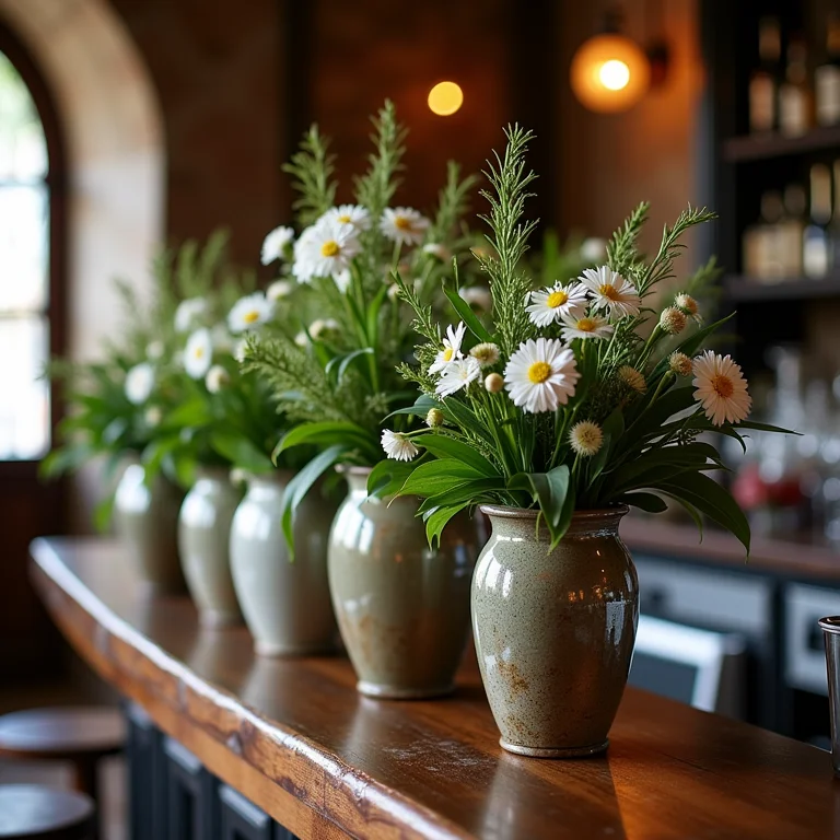 Plantas em vasos decorando bar de casamento em igreja colonial brasileira