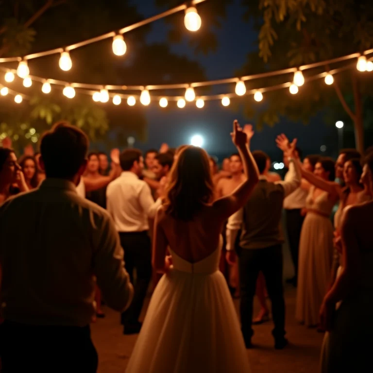 Recepção de casamento à noite com varal de luzes.