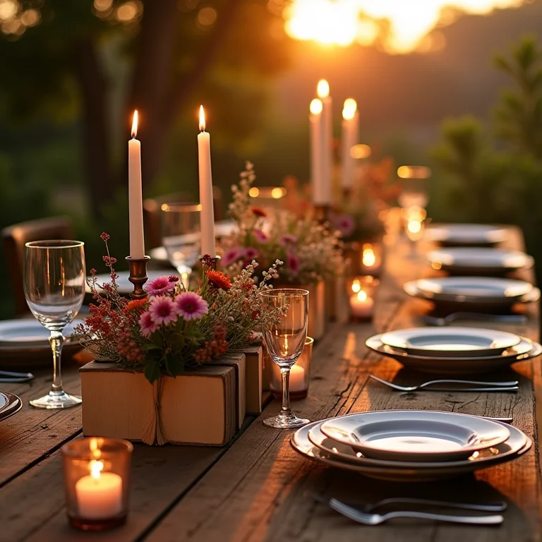 Recepção de casamento ao ar livre com centros de mesa de livros
