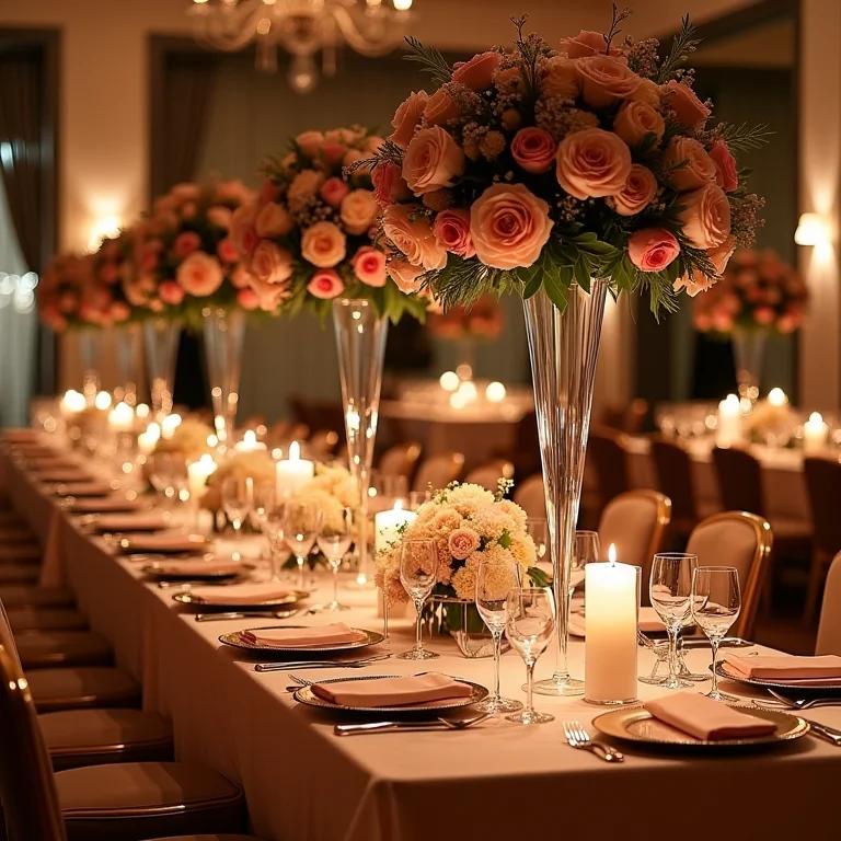 Recepção de casamento luxuosa decorada com arranjos de peônias.