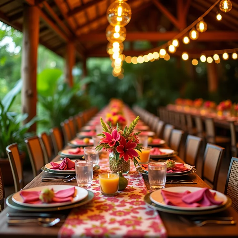 Recepção de casamento moderna e colorida em Itajaí com flores tropicais e detalhes vibrantes.