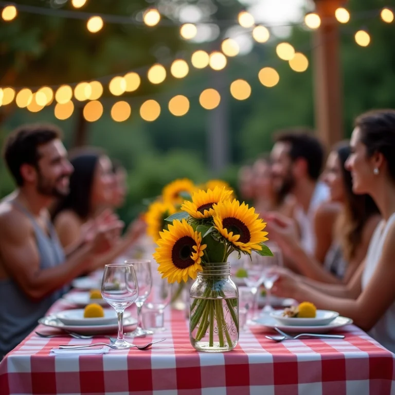 Recepção de casamento rústico ao ar livre com toalha de mesa xadrez