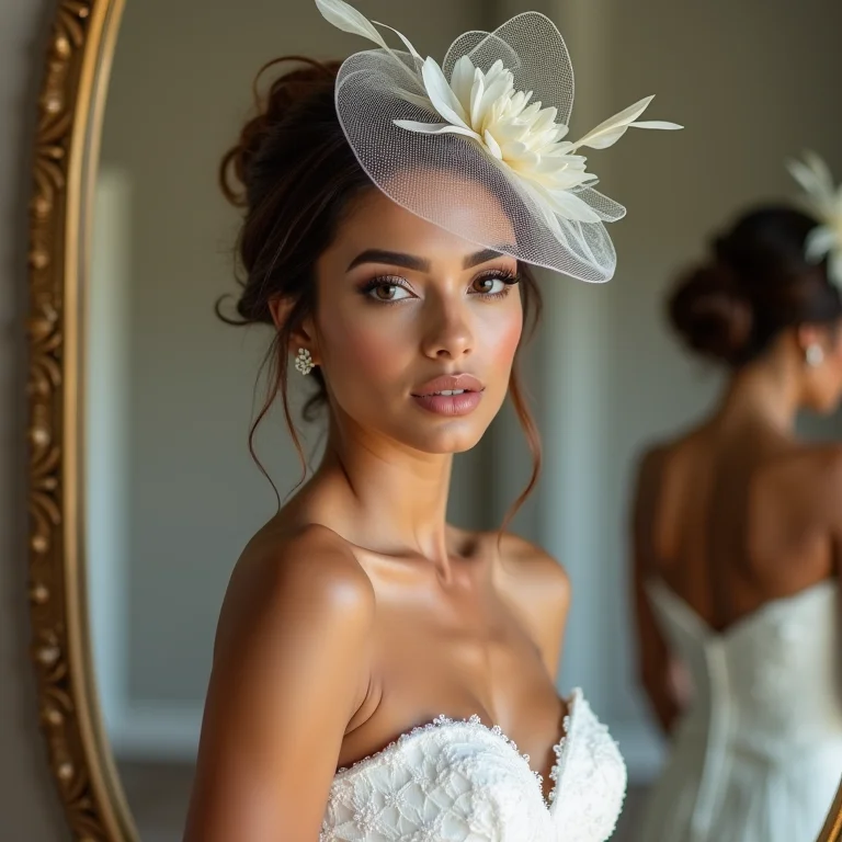 Retrato de uma noiva fotogênica usando um fascinator sofisticado.