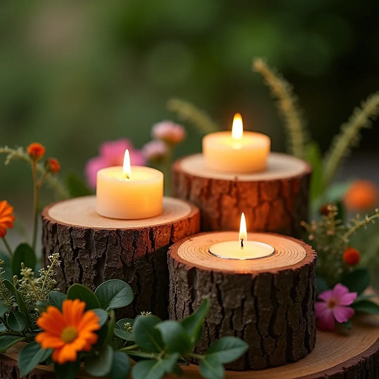 Rústicos troncos de madeira como base para velas em casamento no campo.