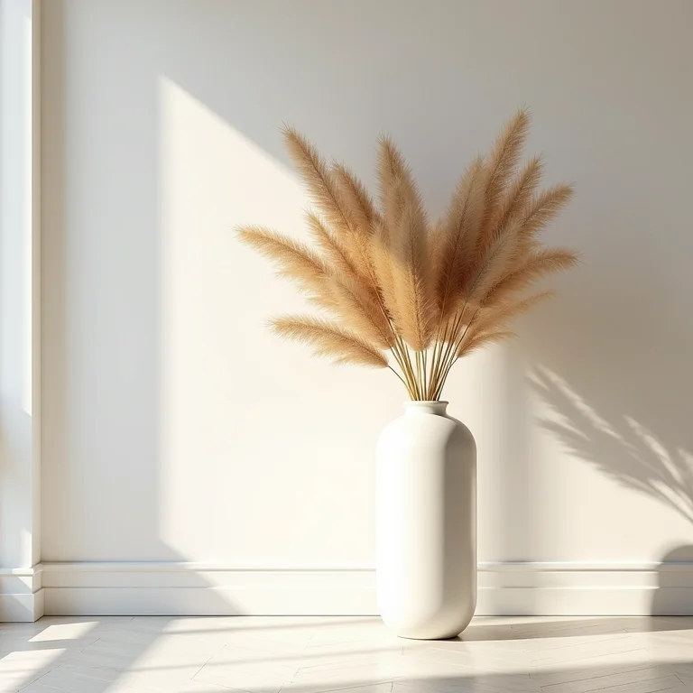 Sala de estar com decoração minimalista e capim dos pampas.