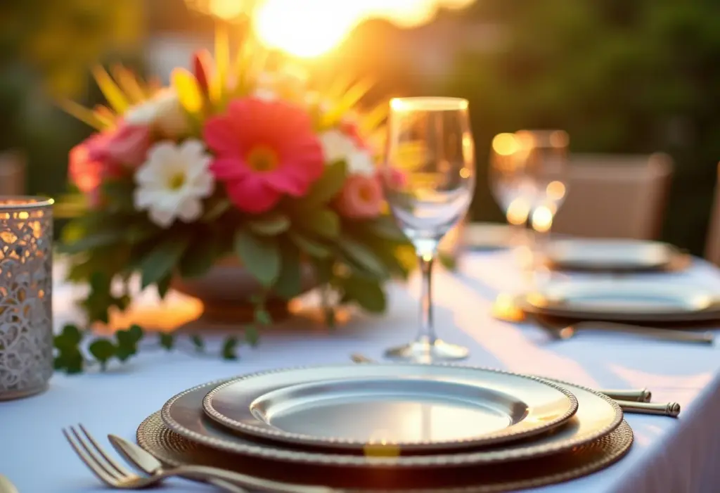 Sousplat de prata: o toque de luxo que seu casamento merece! Sousplat de prata em mesa de casamento luxuosa com flores tropicais