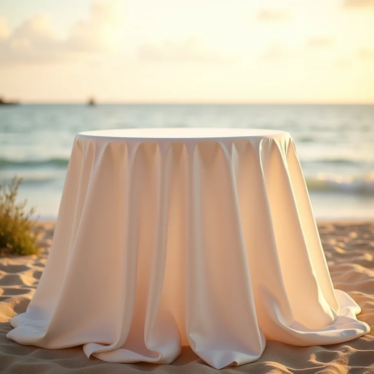 Toalha de mesa de linho em um casamento na praia com vista para o mar